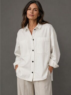 Eileen Fisher Organic Cotton Hemp White Oversized Shacket Shirt Jacket S/P